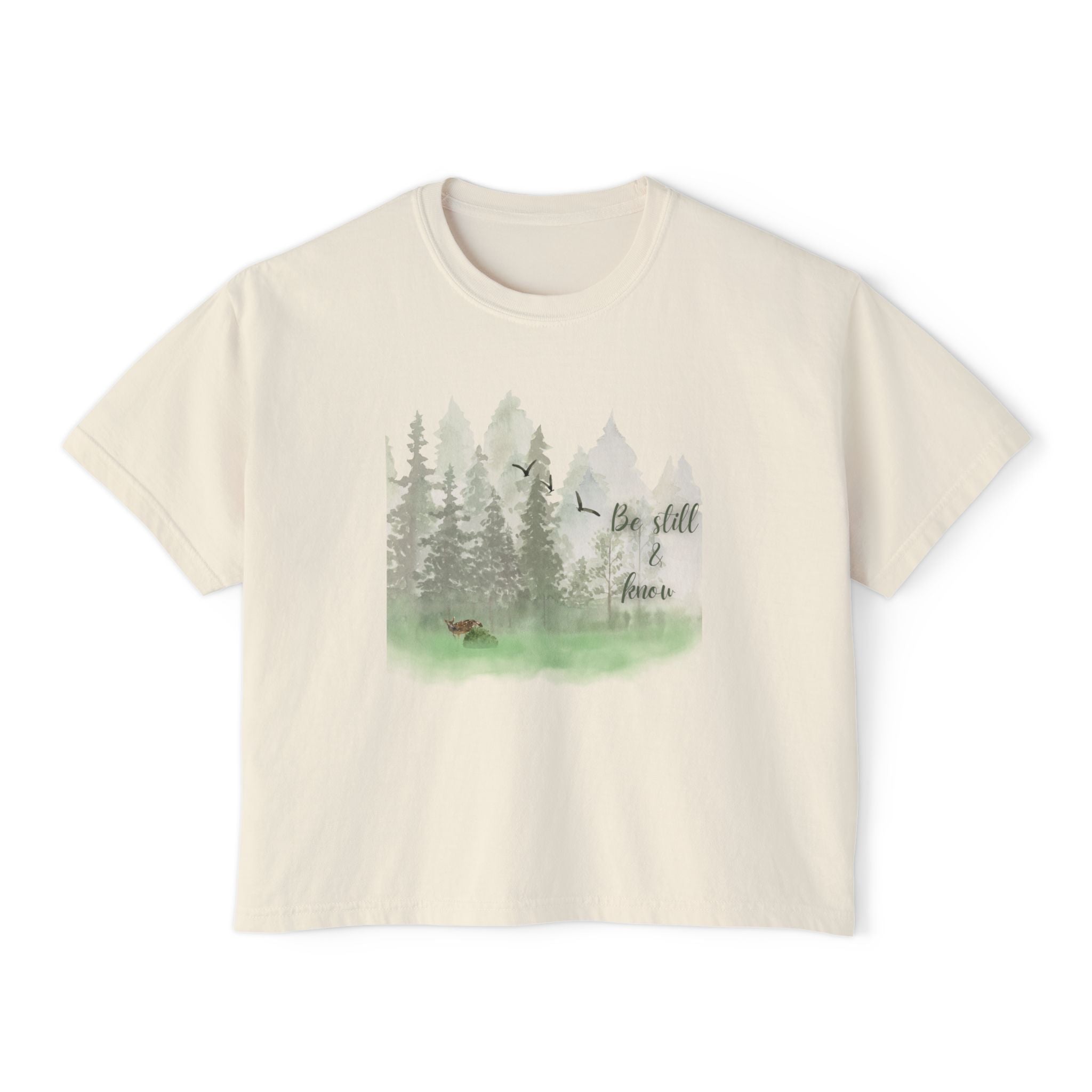 Women's Boxy Tee – 'Be Still & Know' Forest Watercolor Graphic Top