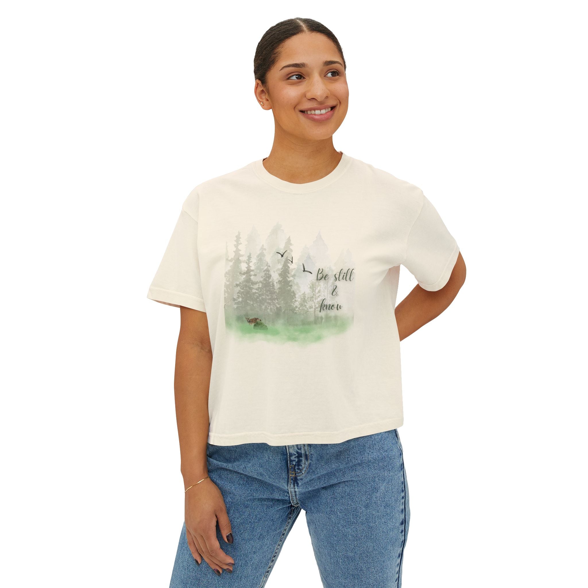 Women's Boxy Tee – 'Be Still & Know' Forest Watercolor Graphic Top