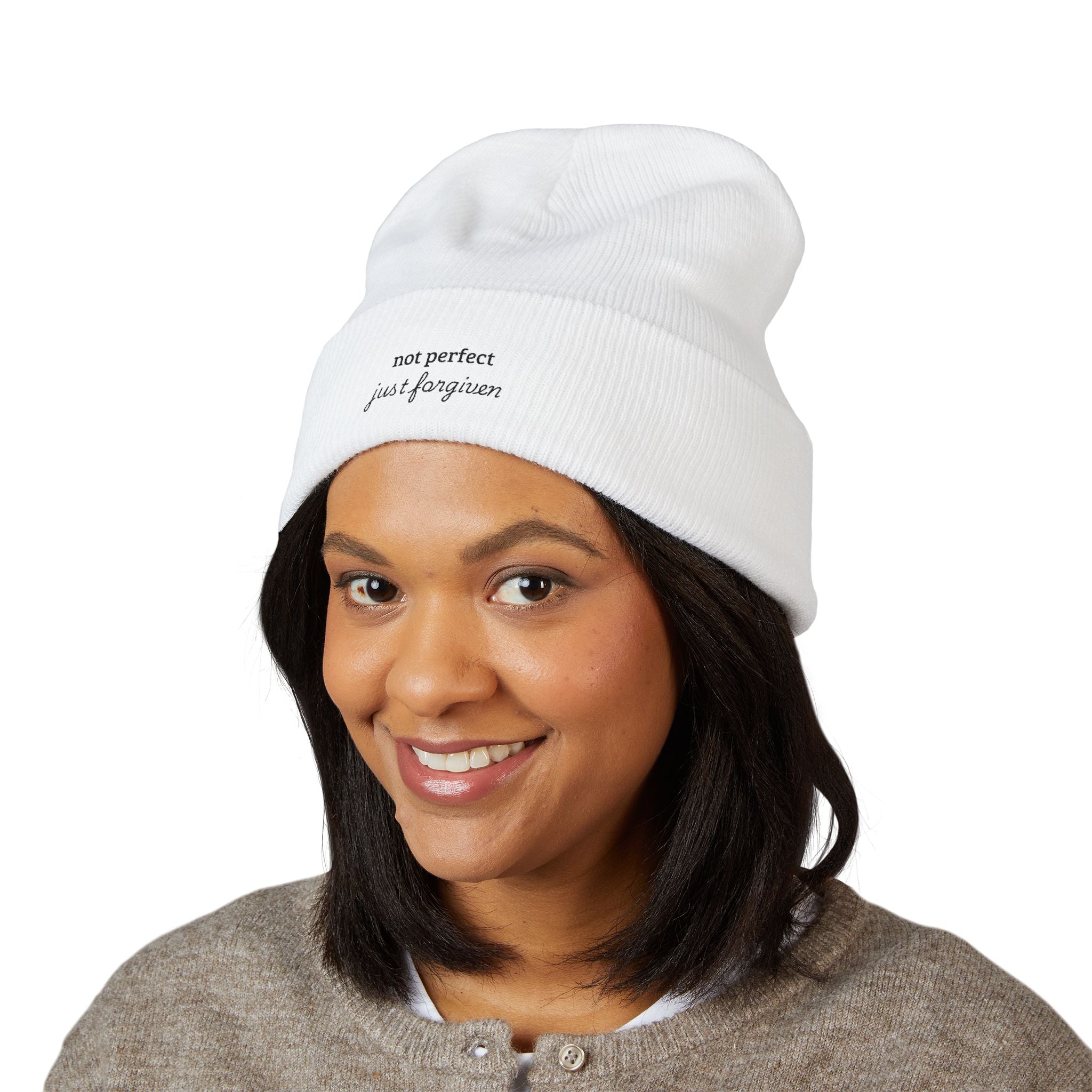 Embroidered Cuffed Beanie — “not perfect just forgiven” Minimal Christian Knit Hat