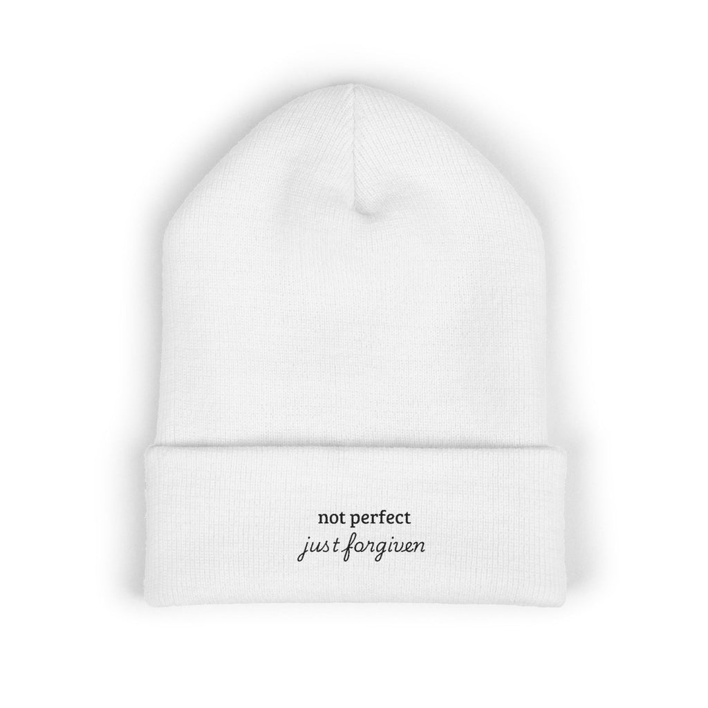 Embroidered Cuffed Beanie — “not perfect just forgiven” Minimal Christian Knit Hat