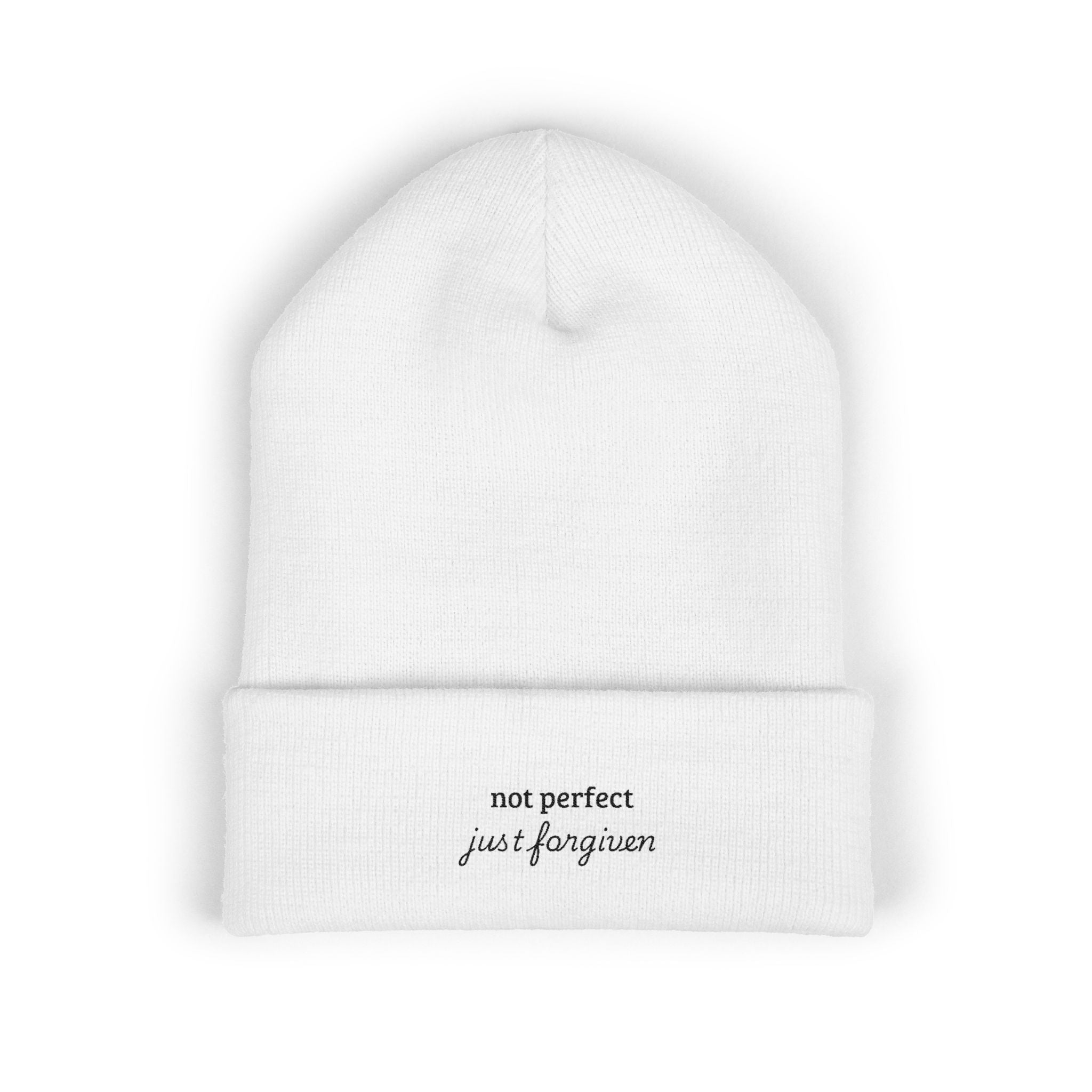 Embroidered Cuffed Beanie — “not perfect just forgiven” Minimal Christian Knit Hat